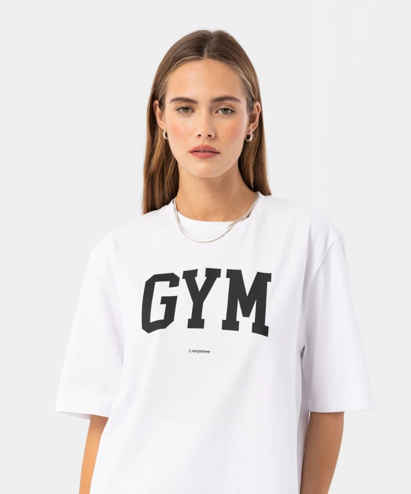 white oversized t-shirt with lettering