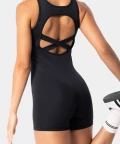 Black women's sports jumpsuit with cutout and crossover on the back