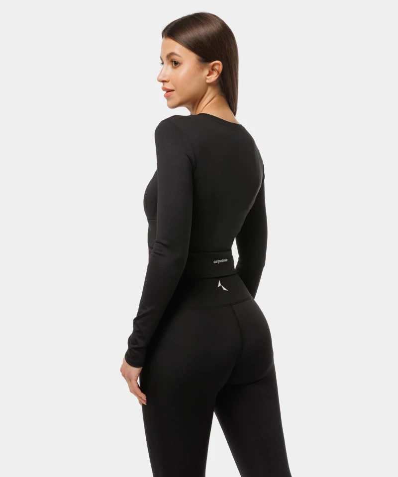 Black Crossover Long Sleeve Sports Crop Top