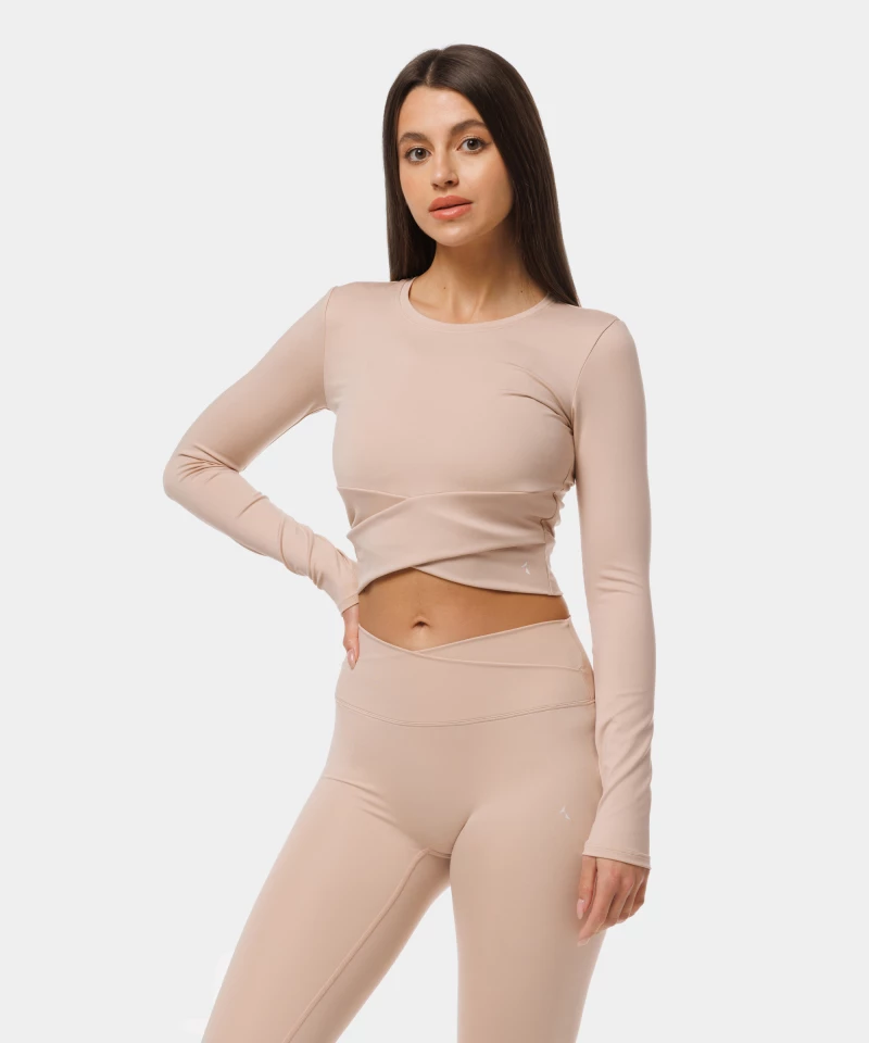 beige long sleeve training crop top