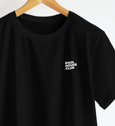 Pool House Club black t-shirt close up