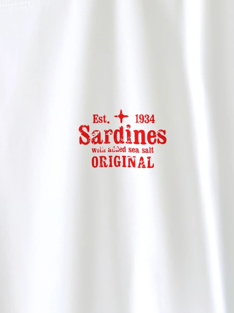 Sardines white t-shirt close up