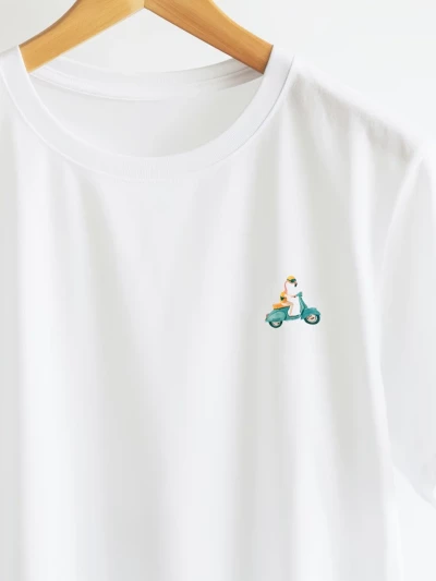 Scooter Flamingo white t-shirt close up