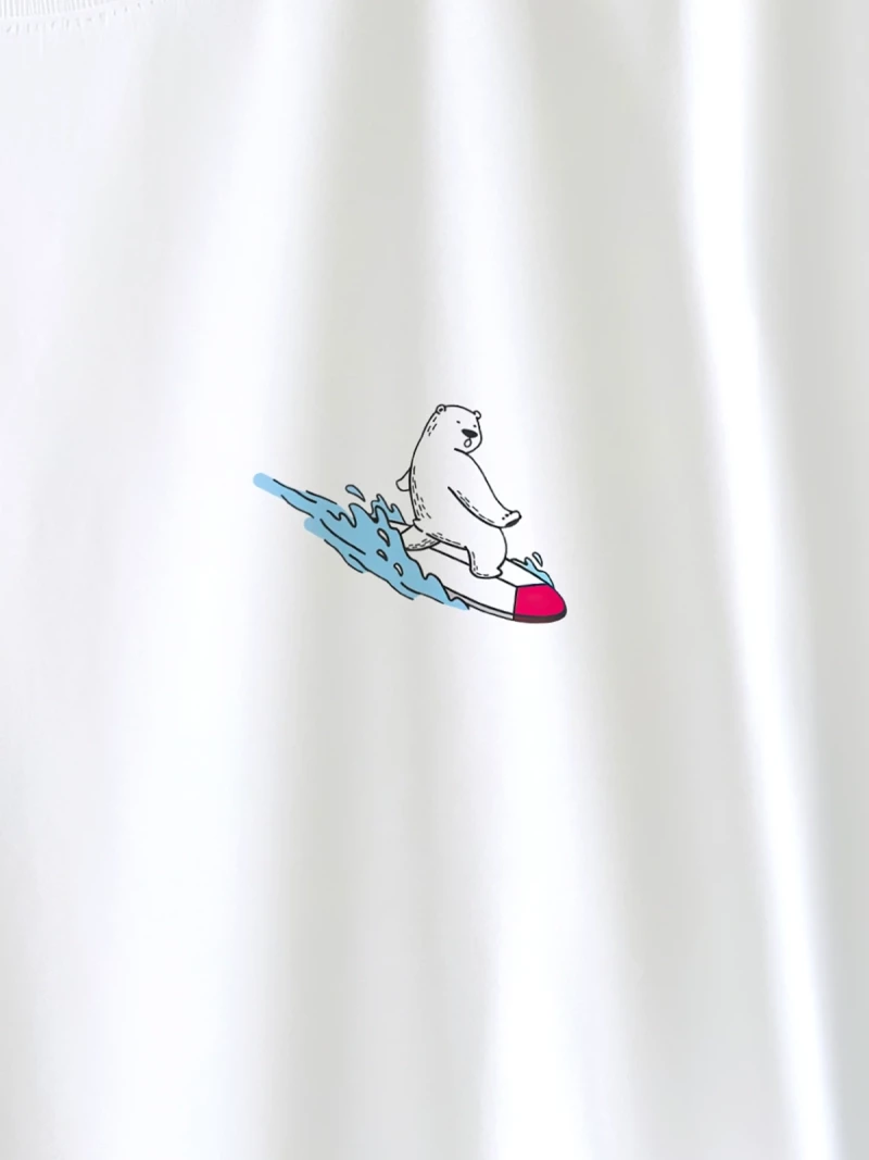 Surfer Bear white t-shirt close up