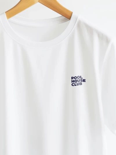 Pool House Club white t-shirt close up