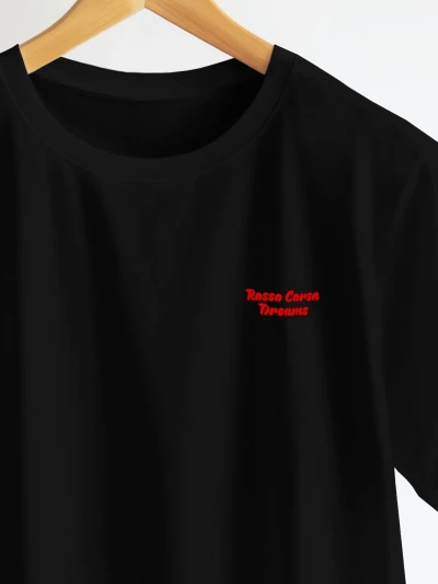 Rosso Corsa black t-shirt close up