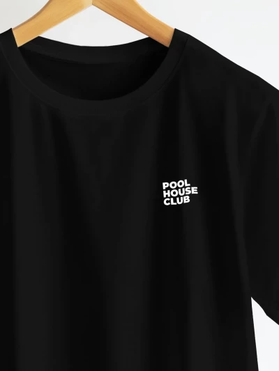 Pool House Club black t-shirt close up