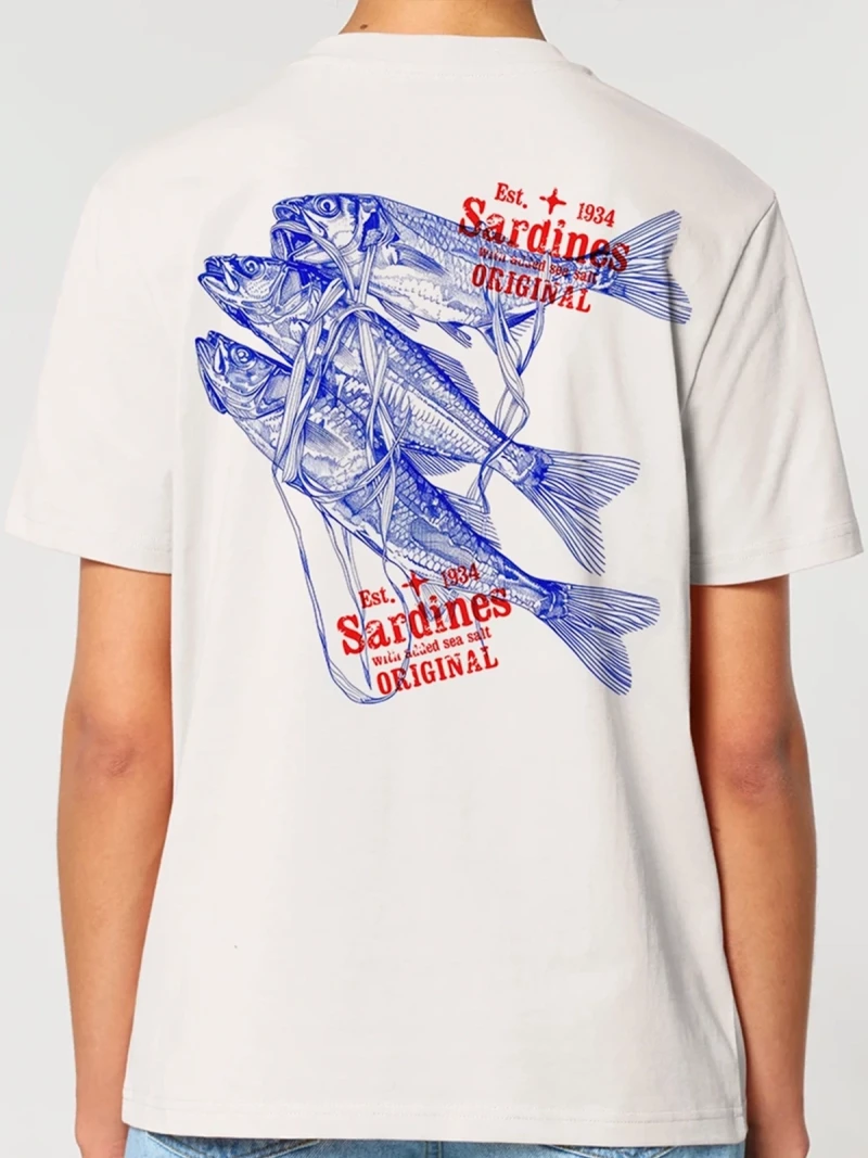 Sardines natural mens cotton t-shirt back