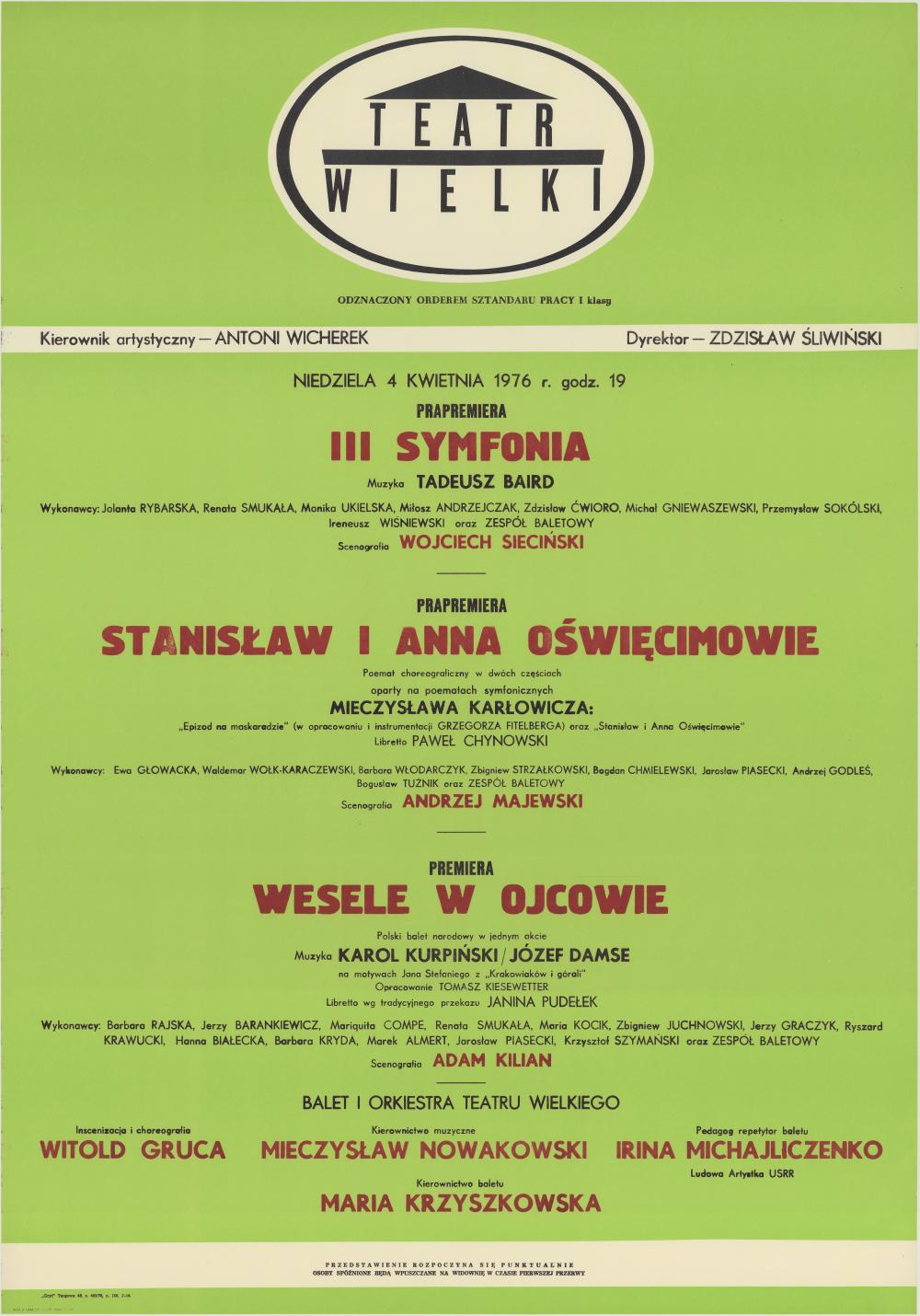 Afisz premierowy. „III Symfonia” Tadeusz Baird 1976-04-04