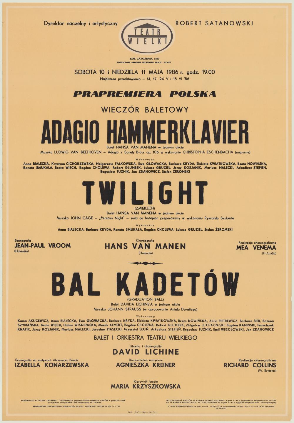 Afisz premierowy. „Adagio Hammerklavier” Ludwig van Beethoven 1986-05-10