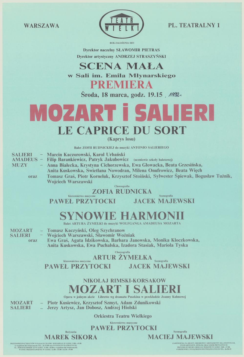 Afisz „Mozart i Salieri”: „Le Caprice du sort” Antonio Salieri 1992-03-18