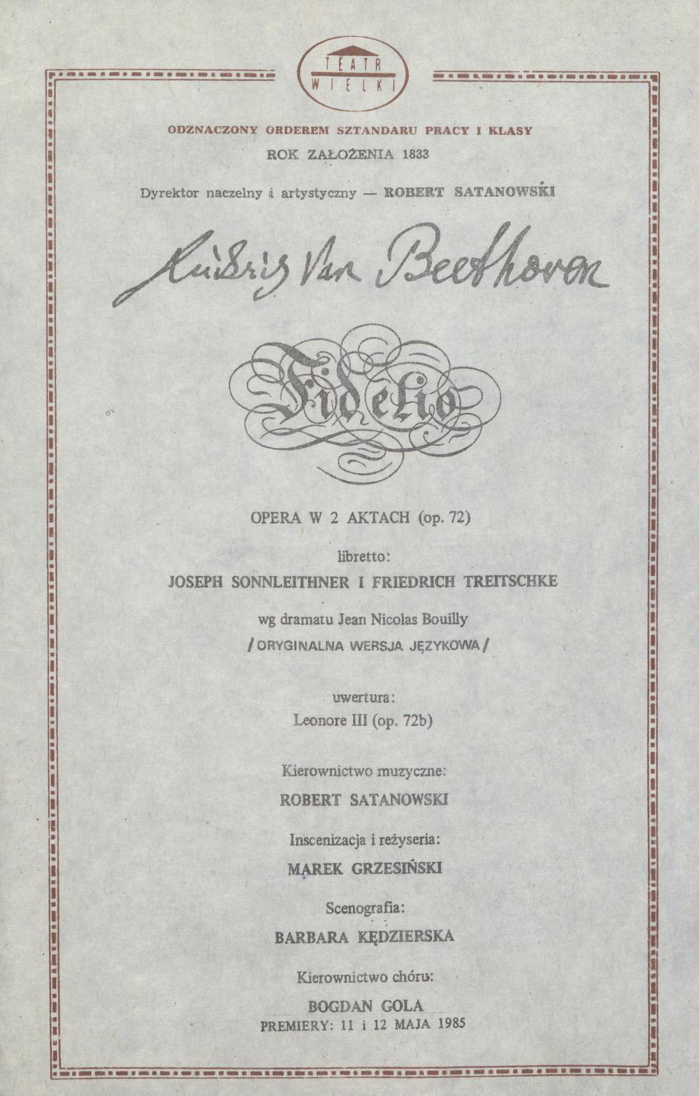 Wkładka obsadowa „Fidelio” Ludwig van Beethoven 19-09-1989