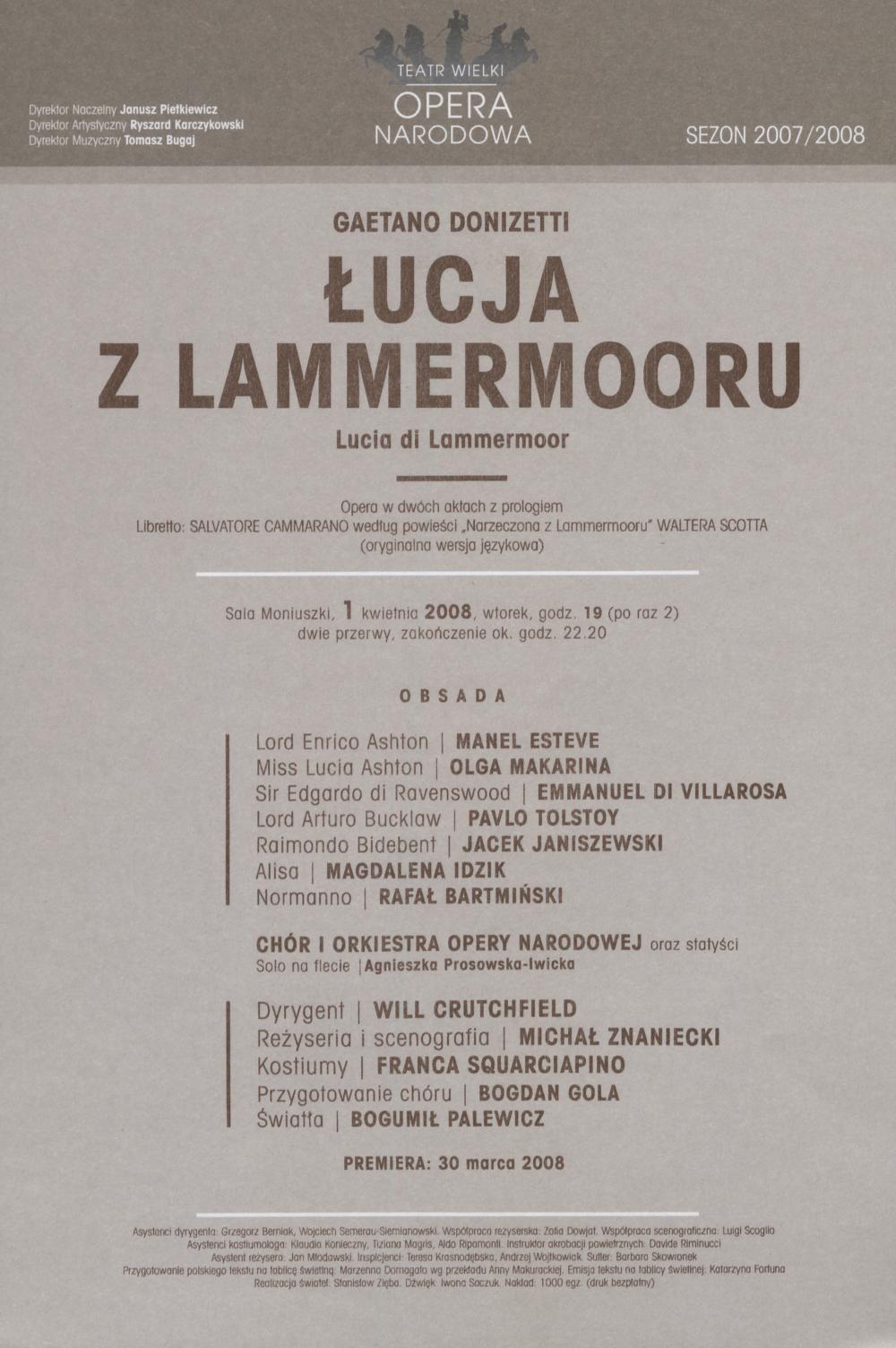 Wkładka obsadowa - „Łucja z Lammermooru” Gaetano Donizetti 01-04-2008