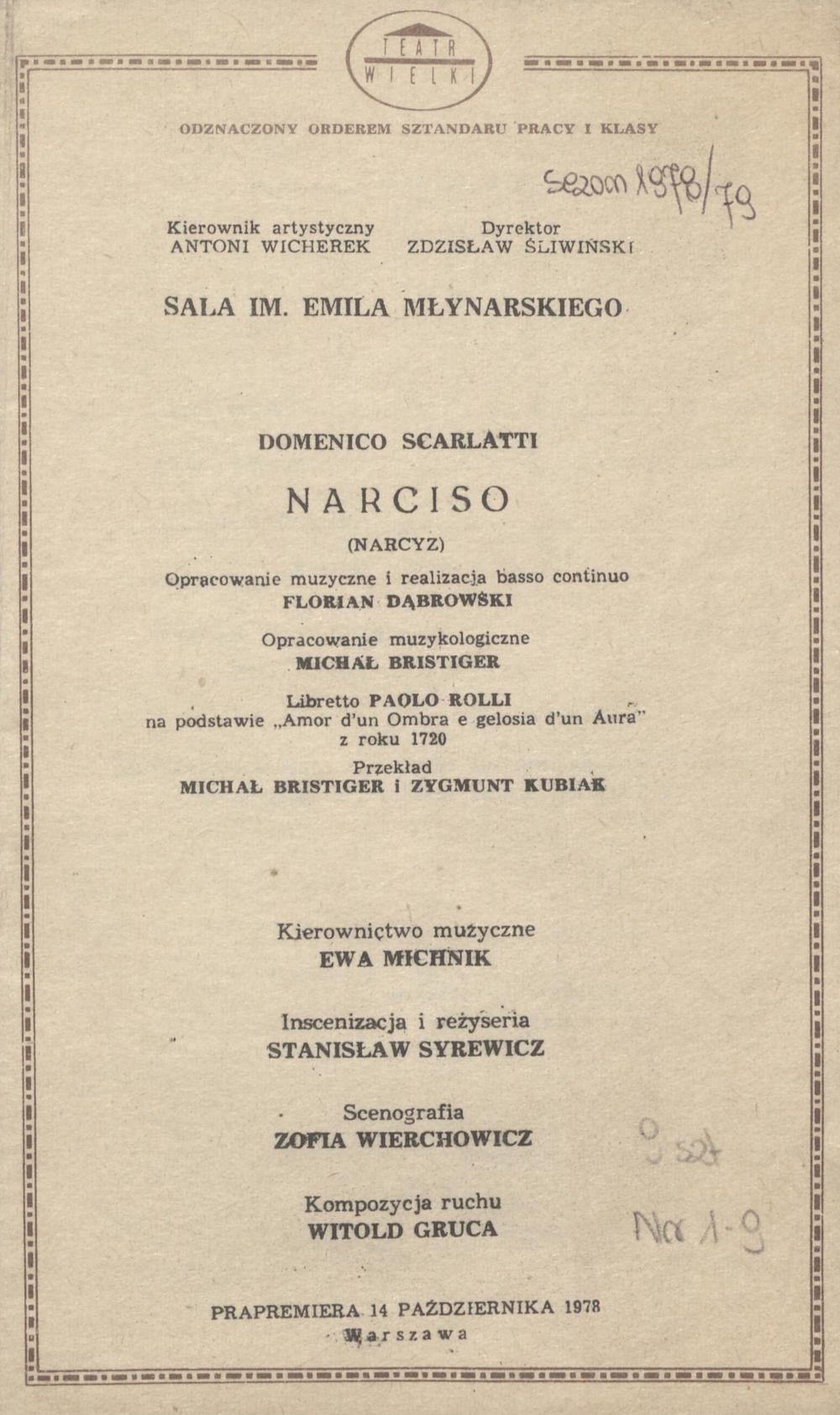 Wkładka premierowa „Narciso” Domenico Scarlatti 14-10-1978