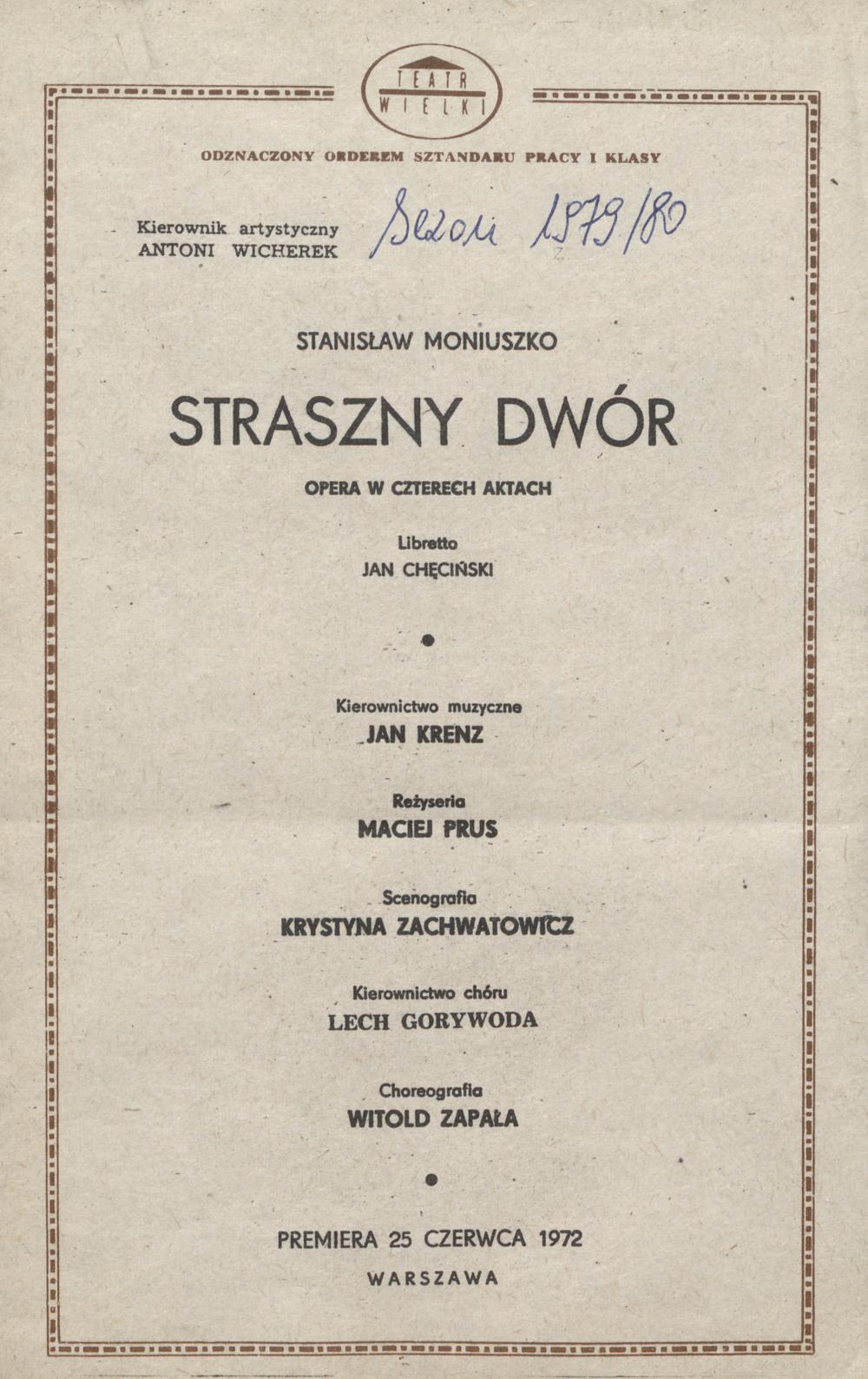 Wkładka obsadowa „Straszny dwór” Stanisław Moniuszko 01-07-1980