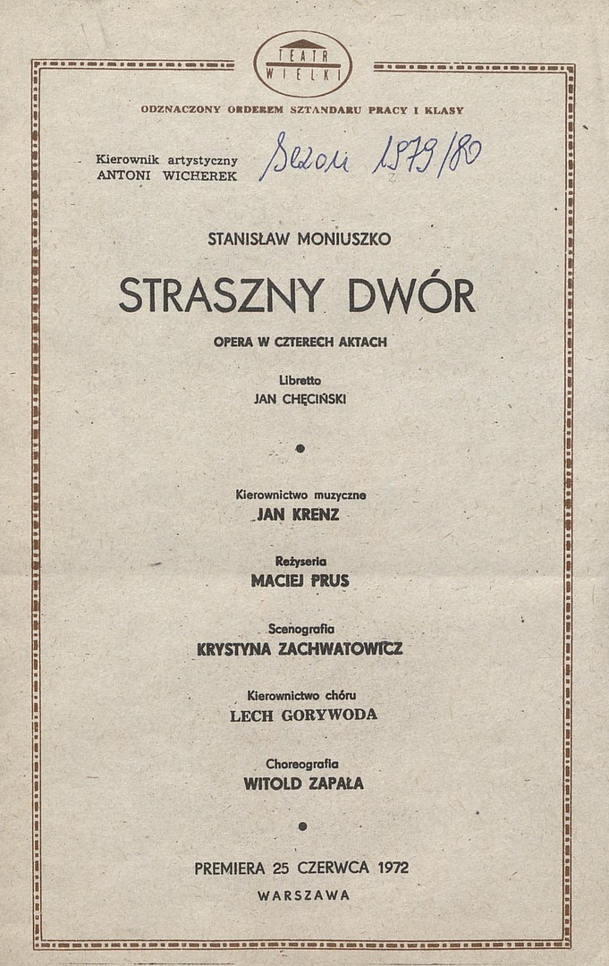 Wkładka obsadowa „Straszny dwór” Stanisław Moniuszko 01-07-1980