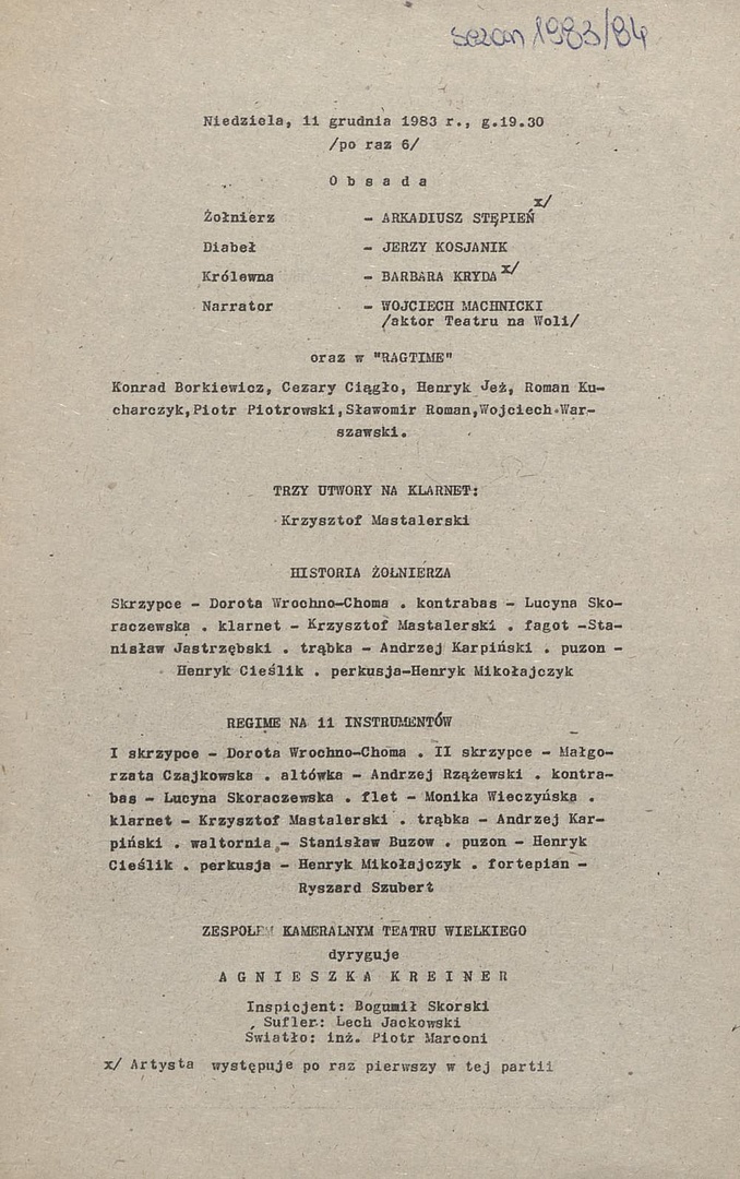 Wkładka Obsadowa. „Historia Żołnierza” Igor Strawiński 11-12-1983