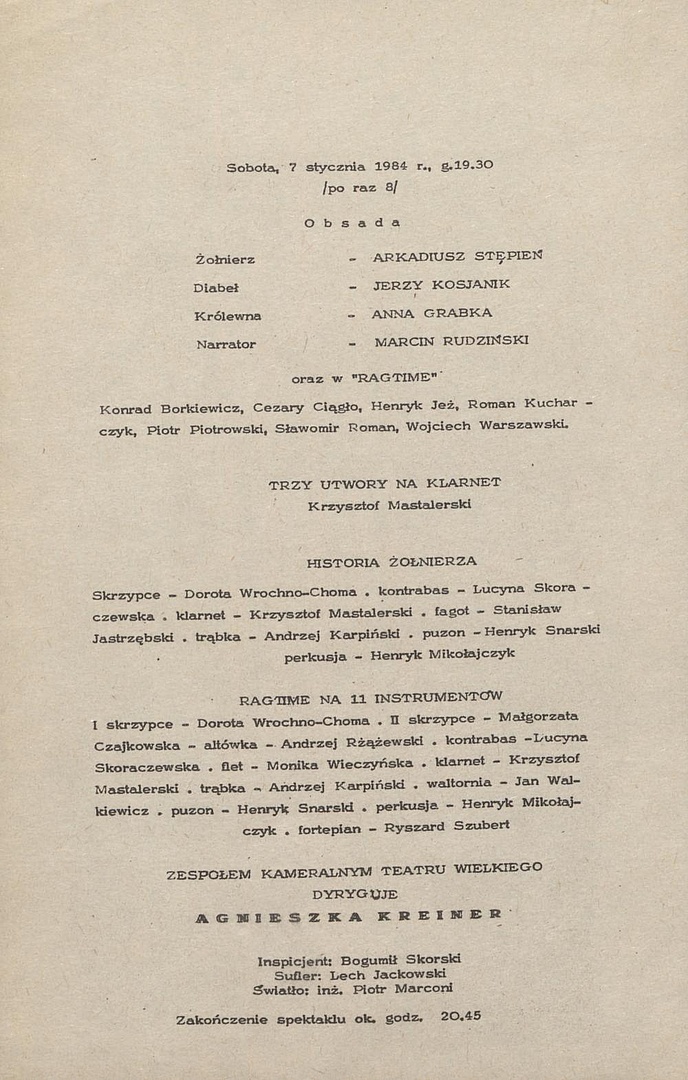 Wkładka Obsadowa. „Historia Żołnierza” Igor Strawiński 07-01-1984